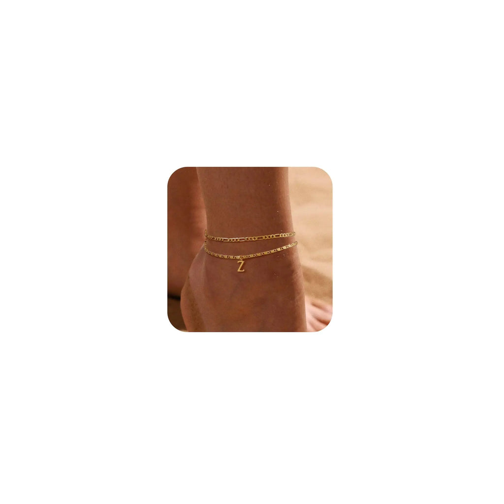 Tasiso Initial Ankle Bracelets for Women，Layered Waterproof Anklet for Women 14K Gold Filled Anklets Layering Thin Figaro Letter Anklet Summer Jewelry Gifts for Women