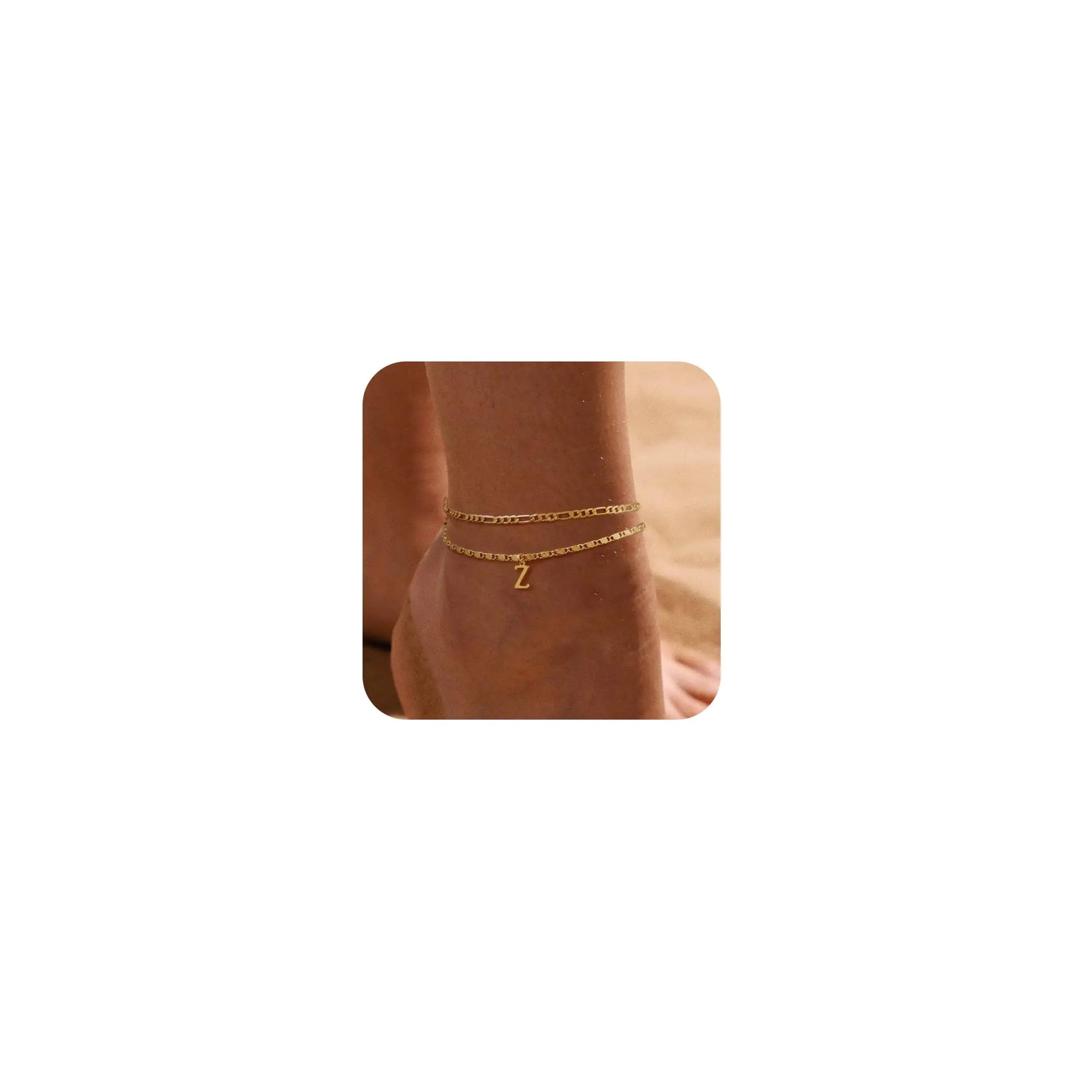 Tasiso Initial Ankle Bracelets for Women，Layered Waterproof Anklet for Women 14K Gold Filled Anklets Layering Thin Figaro Letter Anklet Summer Jewelry Gifts for Women