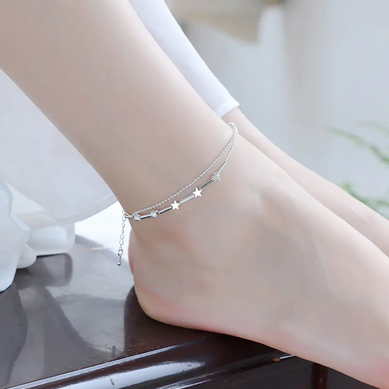 Silver Star Beads Double-Deck Anklet for Women