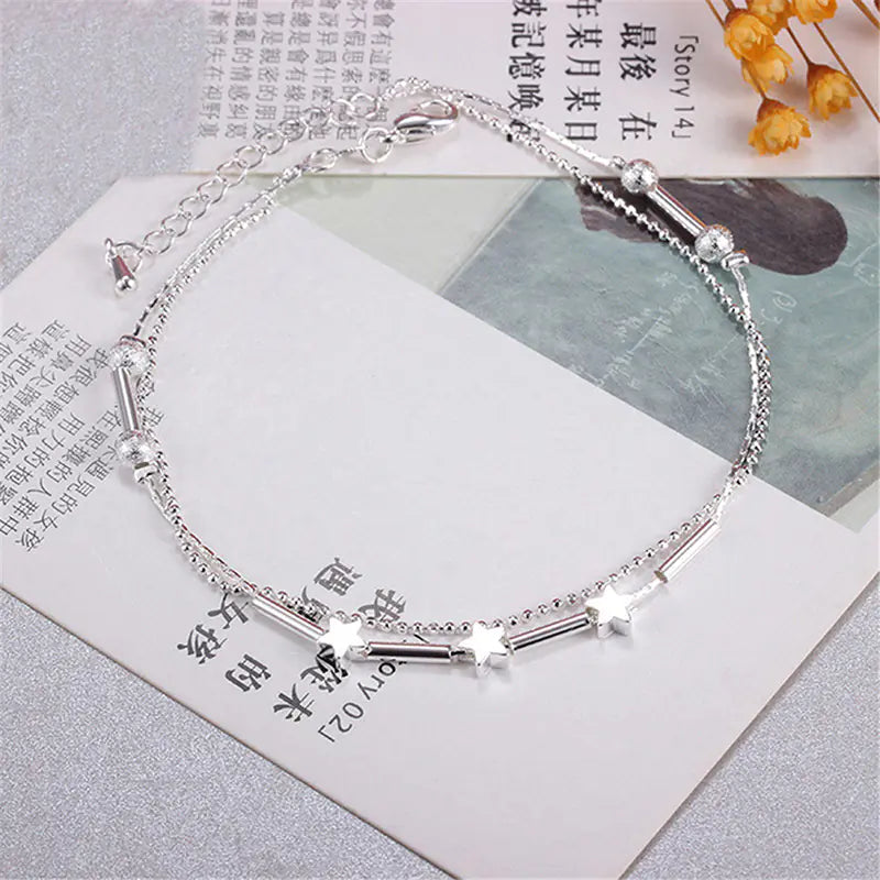 Silver Star Beads Double-Deck Anklet for Women