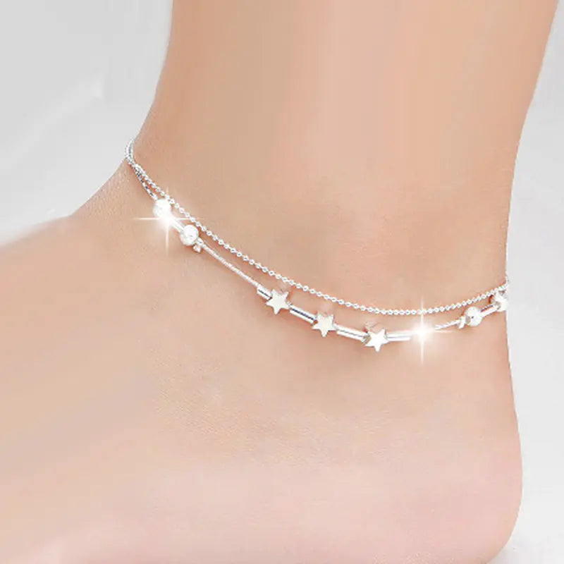 Trendy Silver Plated Double Layer Star Anklet for Women