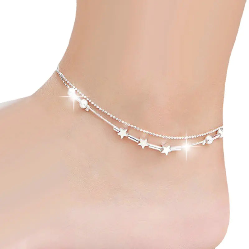 Trendy Silver Plated Double Layer Star Anklet for Women