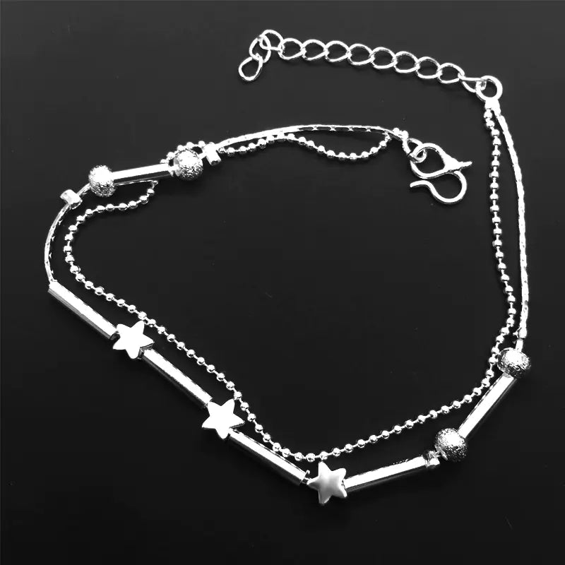 Trendy Silver Plated Double Layer Star Anklet for Women