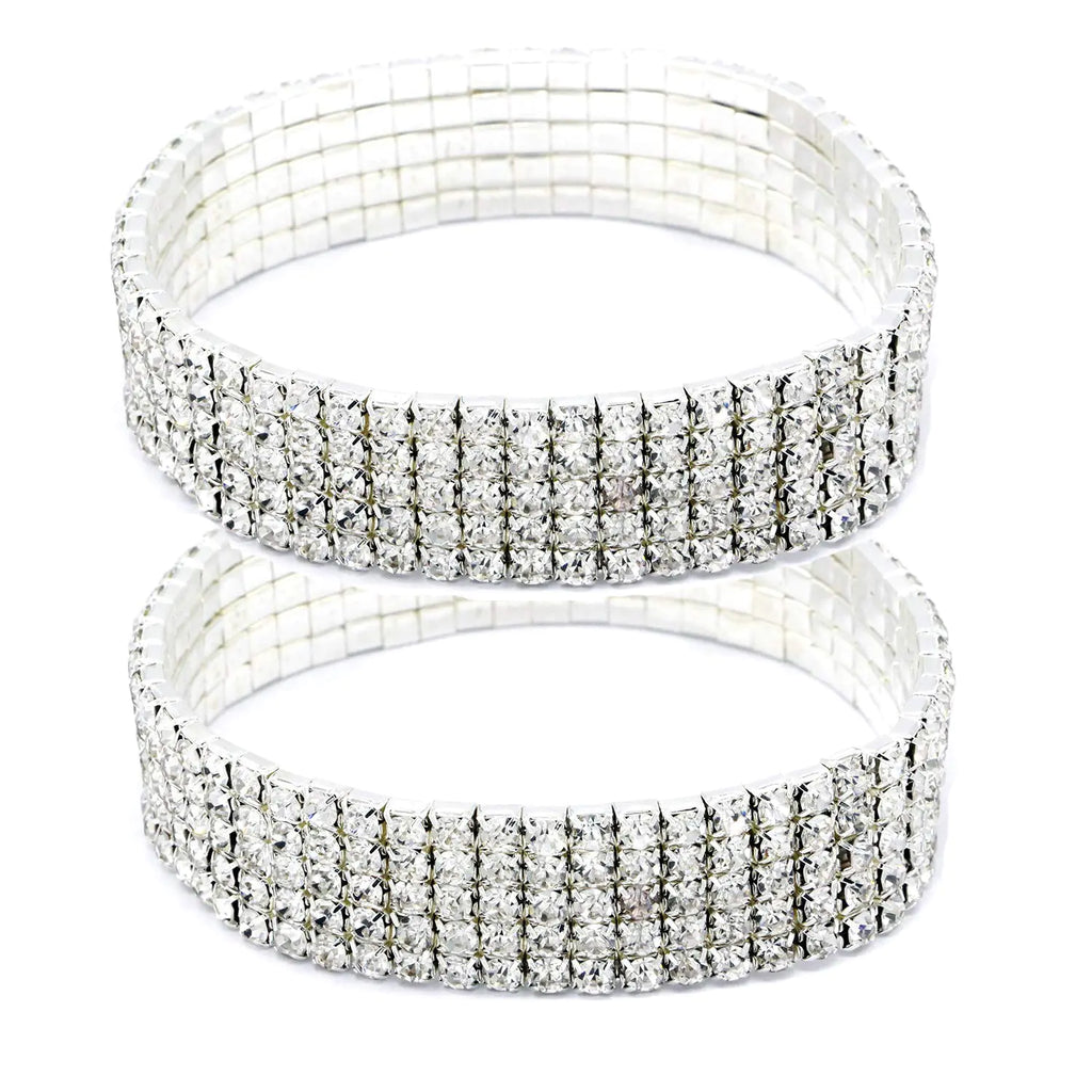 Women Rhinestone Stretch Ankle Bracelet Silver Sparking Tennis Bracelet Crystal Anklet Foot Chain Jewelry (5 Row - 2pcs)
