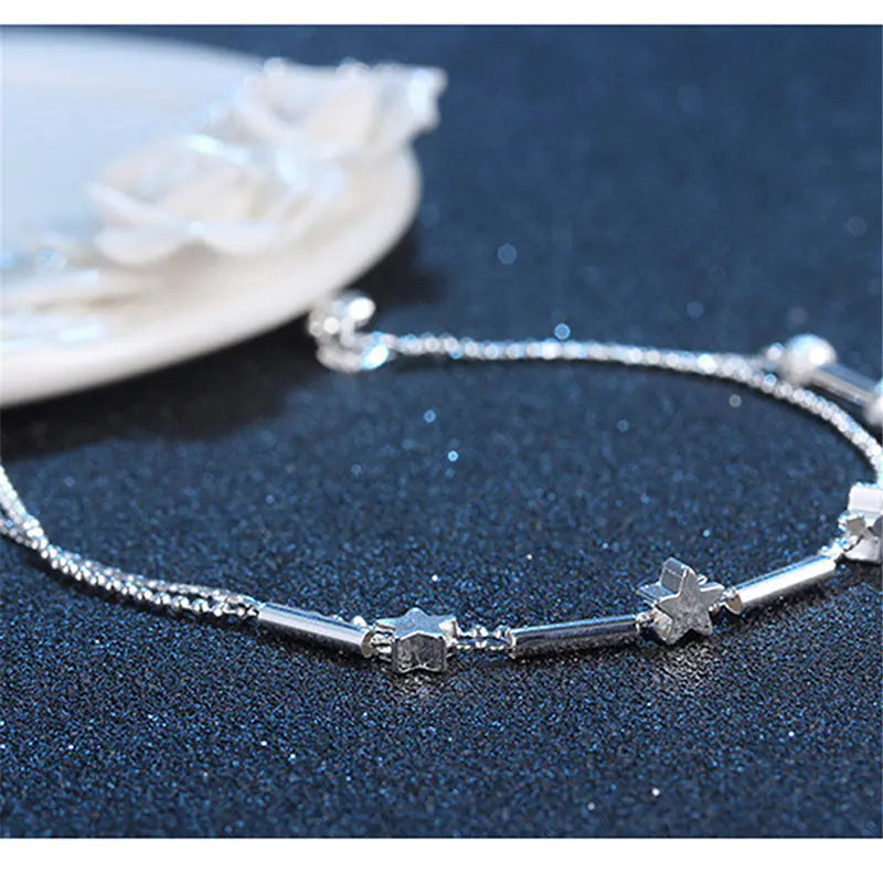Silver Star Beads Double-Deck Anklet for Women