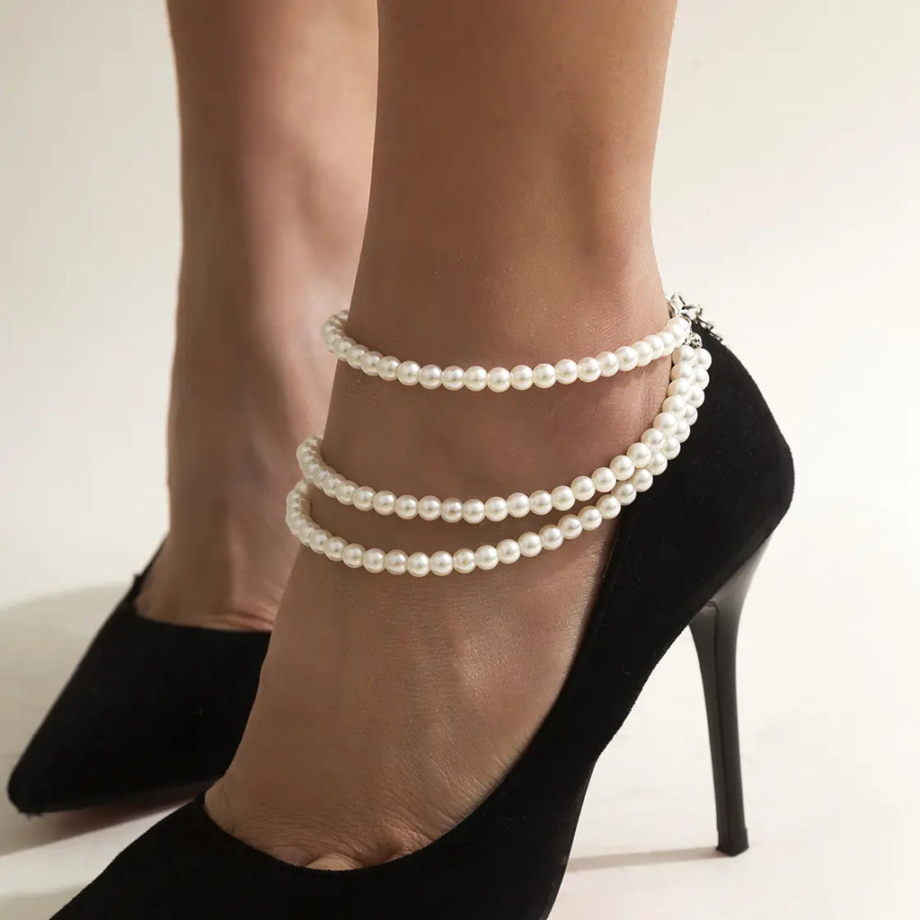 Imitation Pearl Beaded Tassel Anklet for Women