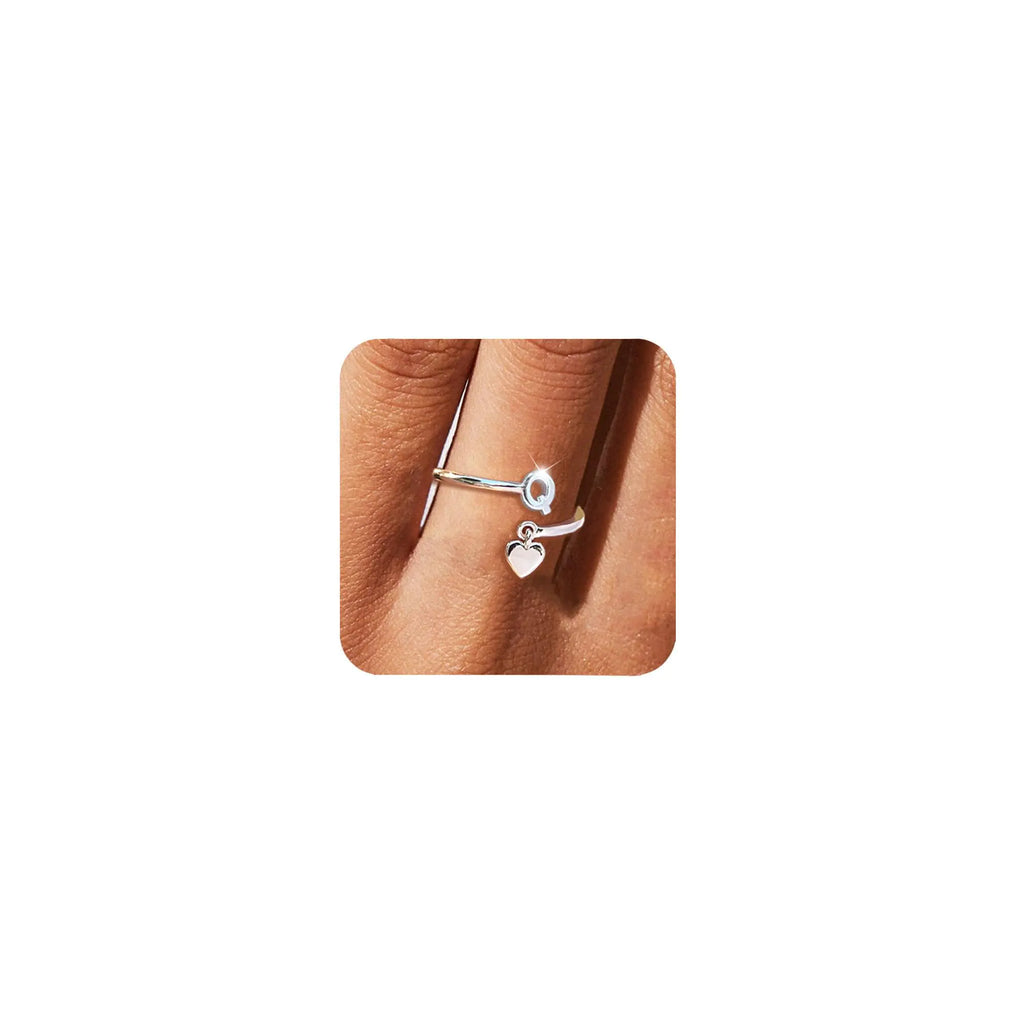 CIOMY Silver Initial Rings for Women Non Tarnish Thumb Rings Sterling Silver Plated Adjustable Rings for Women Stackable Heart Ring letter rings for women Q