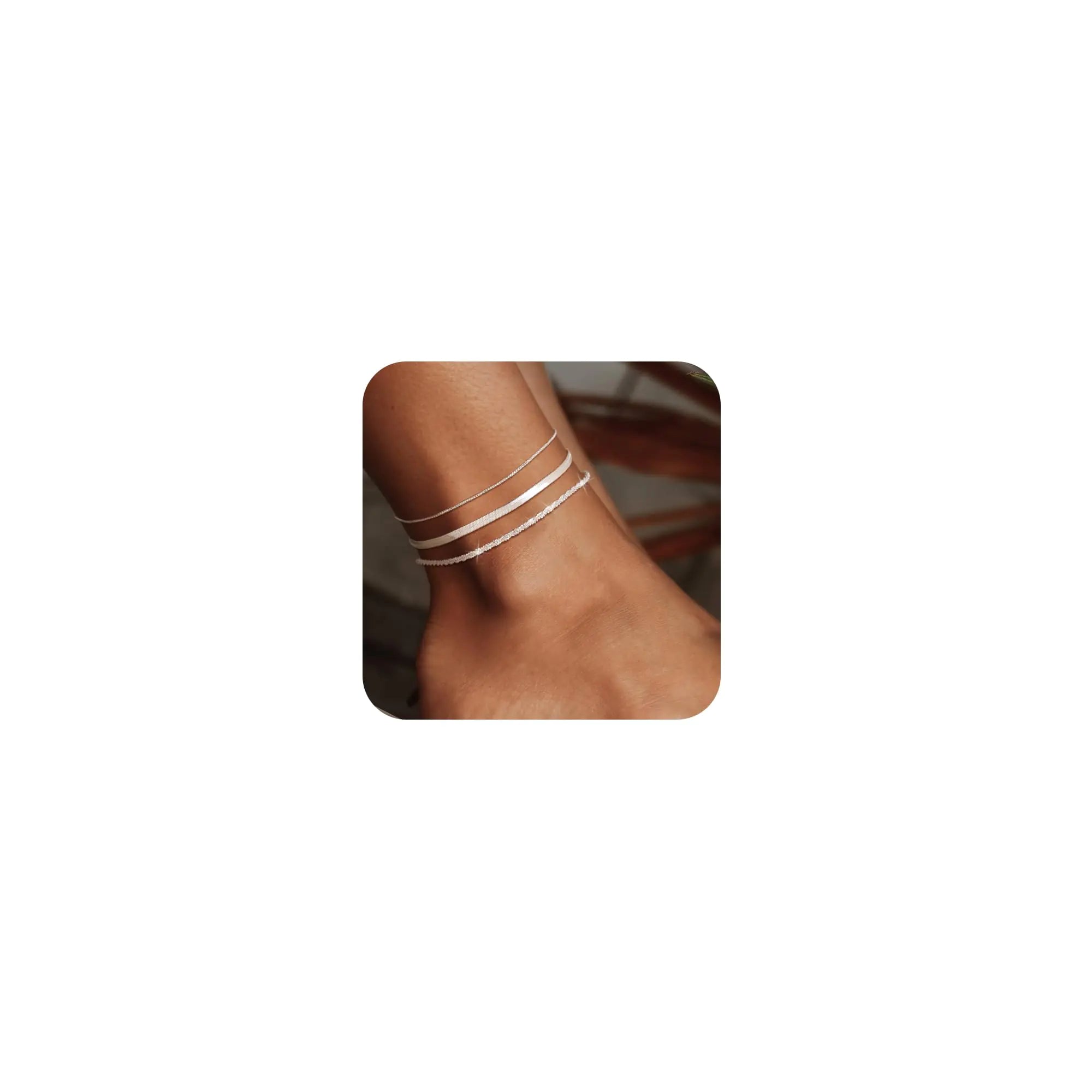 Risamil 3Pcs Silver Ankle Bracelets Layered Anklets for Women Waterproof Dainty Herringbone Box Sparkle Chain Anklet Set Jewelry Gift