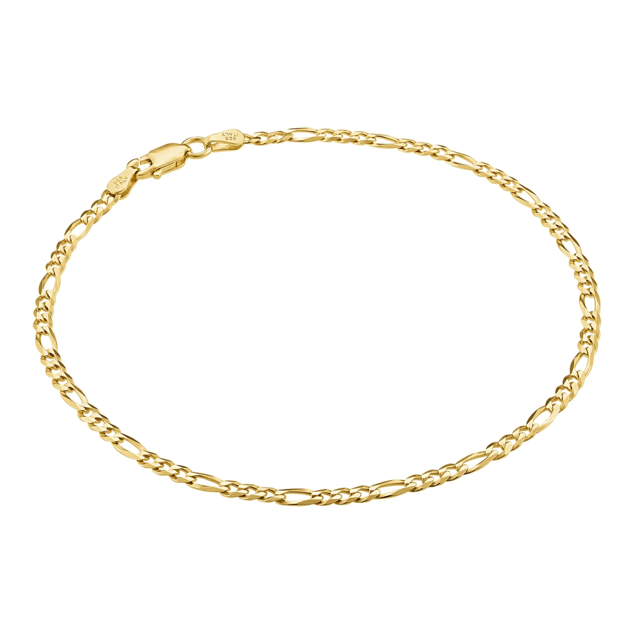 KISPER 18K Gold Over 925 Sterling Silver Italian 3mm Solid Diamond-Cut Flat Figaro Link Chain Anklet Ankle Bracelet for Women - Made in Italy 10"