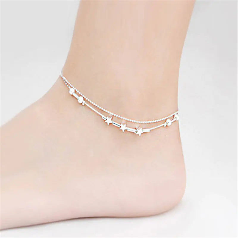 Silver Star Beads Double-Deck Anklet for Women