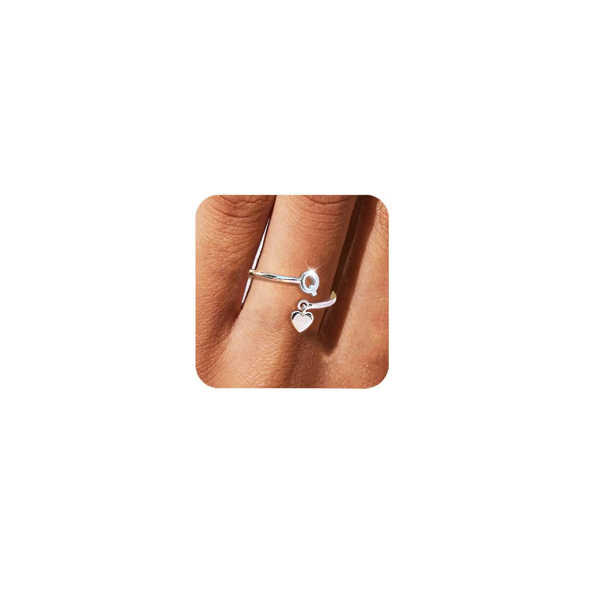 CIOMY Silver Initial Rings for Women Non Tarnish Thumb Rings Sterling Silver Plated Adjustable Rings for Women Stackable Heart Ring letter rings for women Q