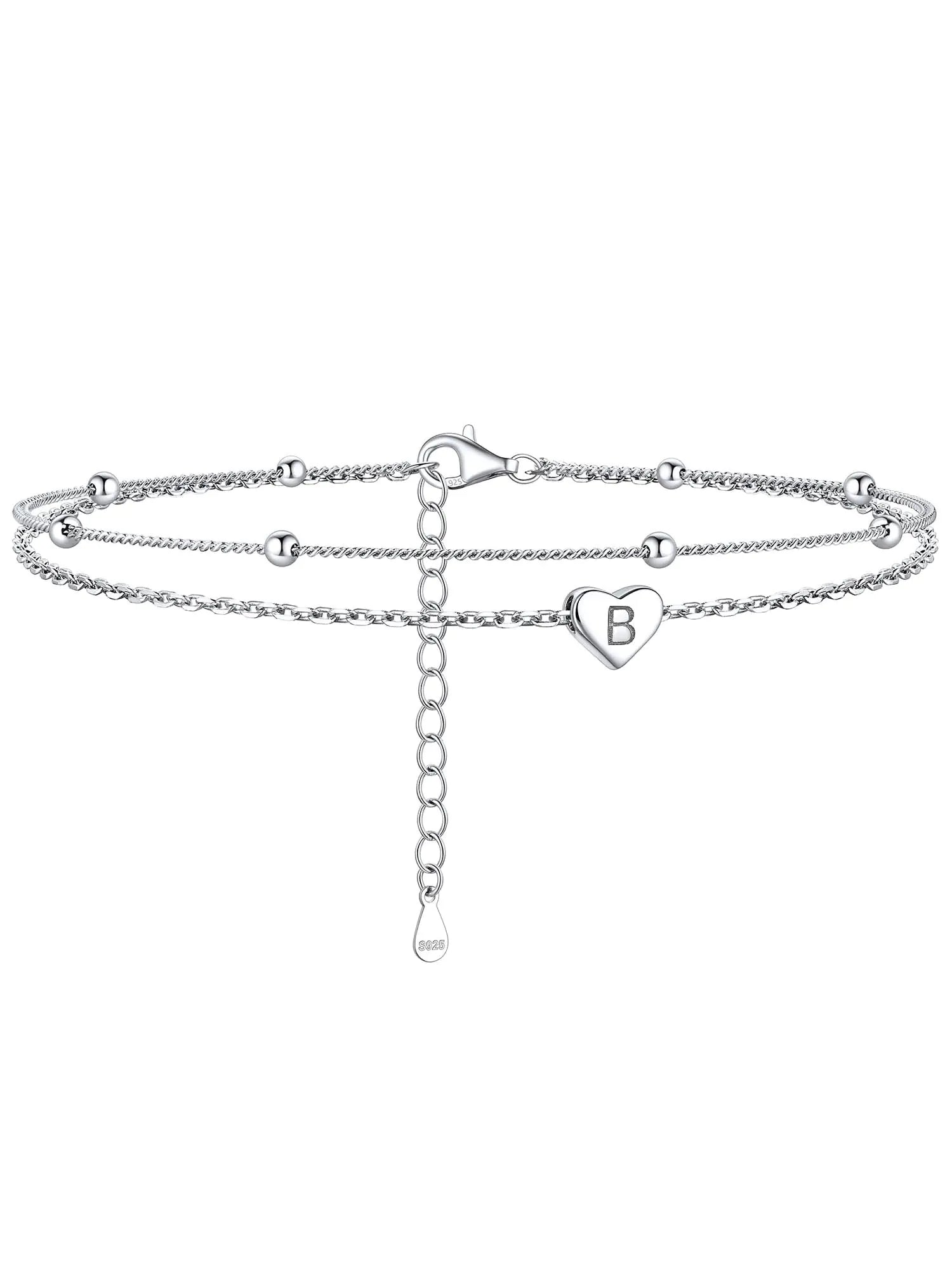 ChicSilver Ankle Bracelets for Women Sterling Silver Beaded Anklets for Women Layered Heart Anklet With Initials