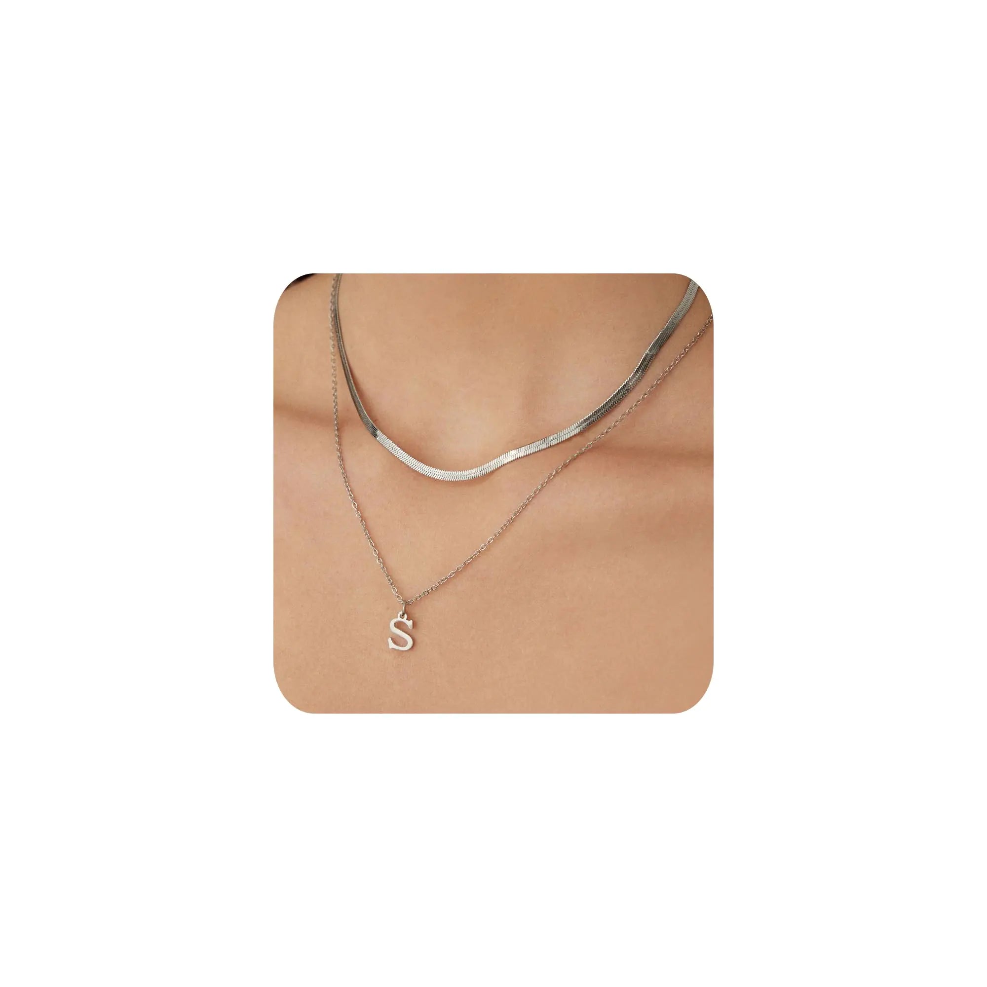POWER WING Silver Herringbone S Initial Necklace for Women