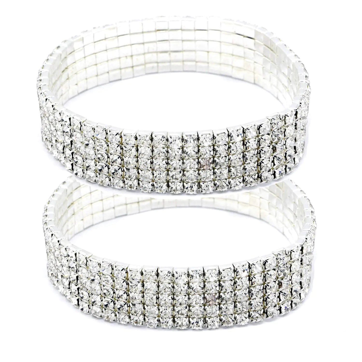 Women Rhinestone Stretch Ankle Bracelet Silver Sparking Tennis Bracelet Crystal Anklet Foot Chain Jewelry (5 Row - 2pcs)